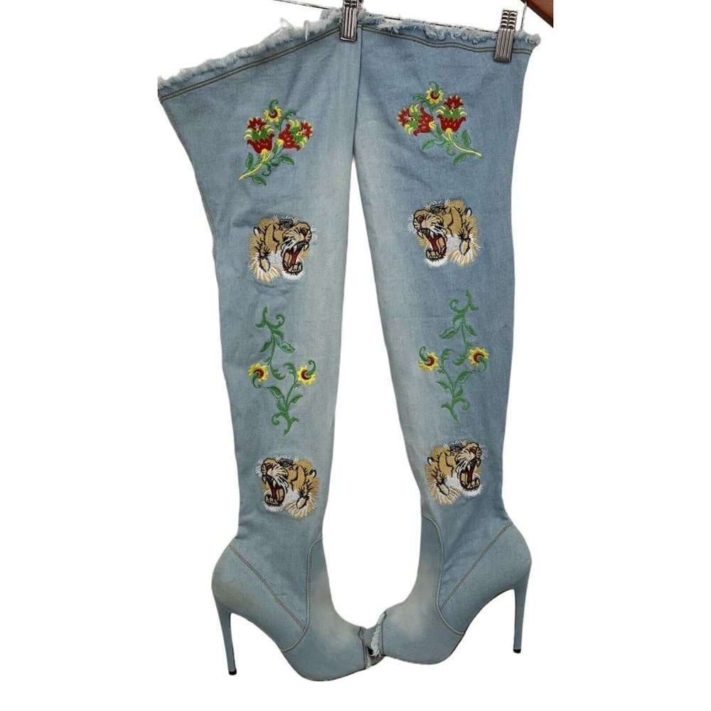 Cape Robbin Denim Tiger Boots Denim 9M 9 Medium Embroidery Fringe Knee High S5